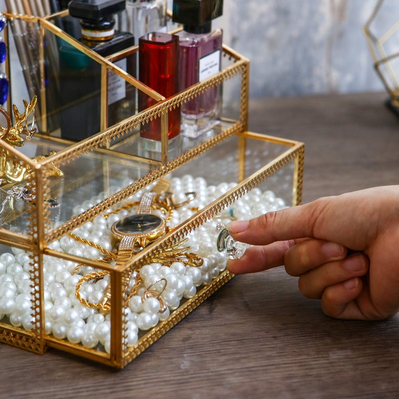 Levilan Golden Glass Box Vanity Tray Glass Case Makeup Display Organizer on Dresser, Multifunctional Cosmetic Storage for Palette Lipstick Makeup Brushes Skincare Perfumes Bathroom Accessories - Image 3
